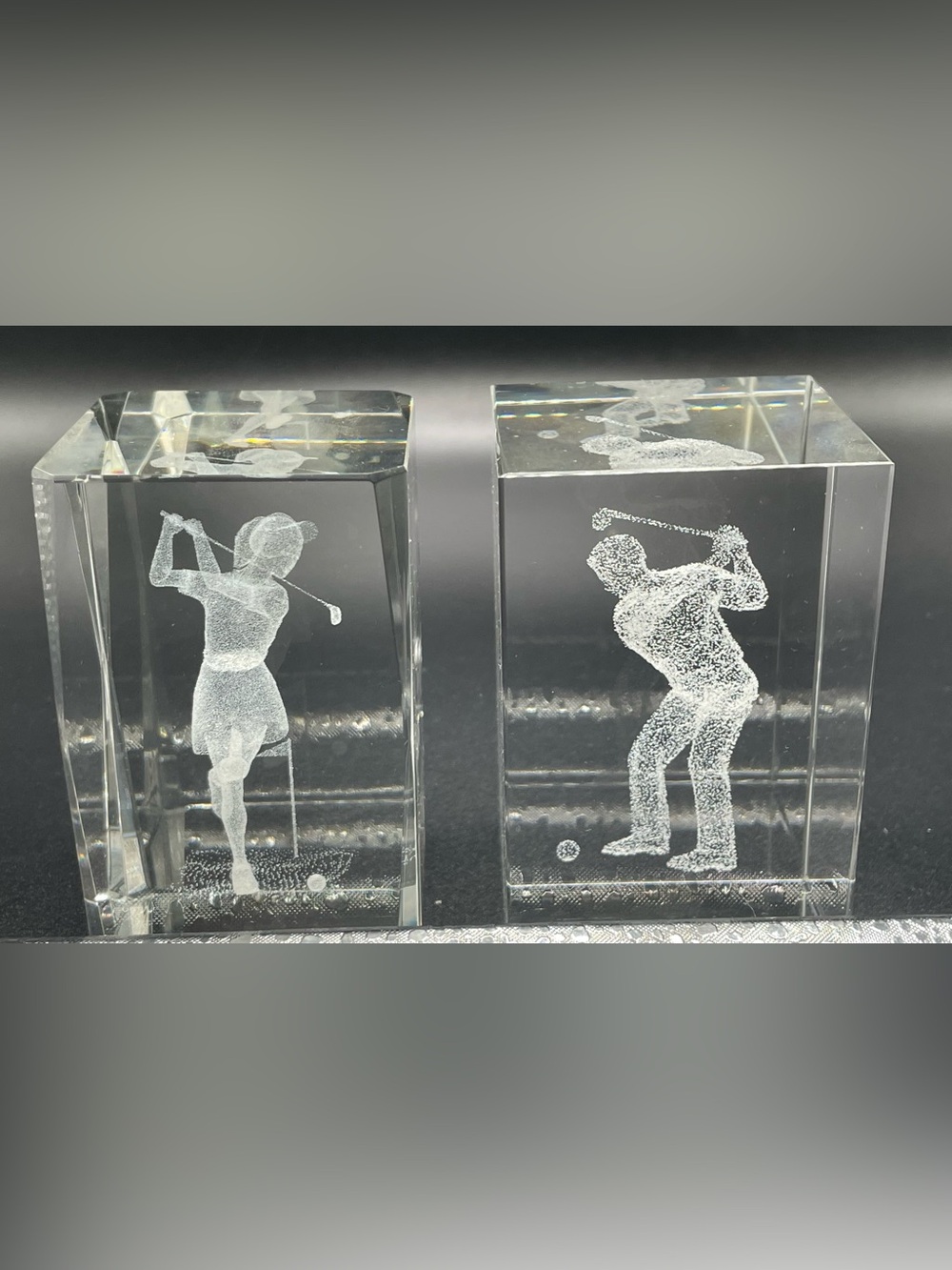 Crystal 3D Laser Etched his and her Golf  Player Sculptures